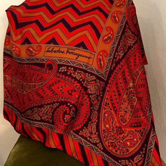 Ferragamo LARGE Silk Scarf/Shawl/Throw - Red Orange Paisley Purple Black ZigZag